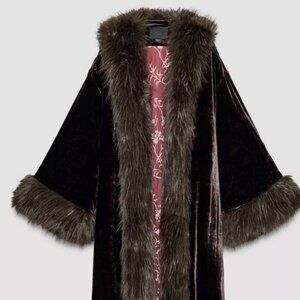 Zara  Brown Velvet Coat  Faux Fur trim XSmall-Small